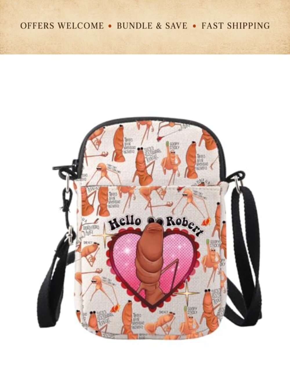 Canvas Crossbody Bag Cartoon Worm Adjustable Strap Utility Messenger